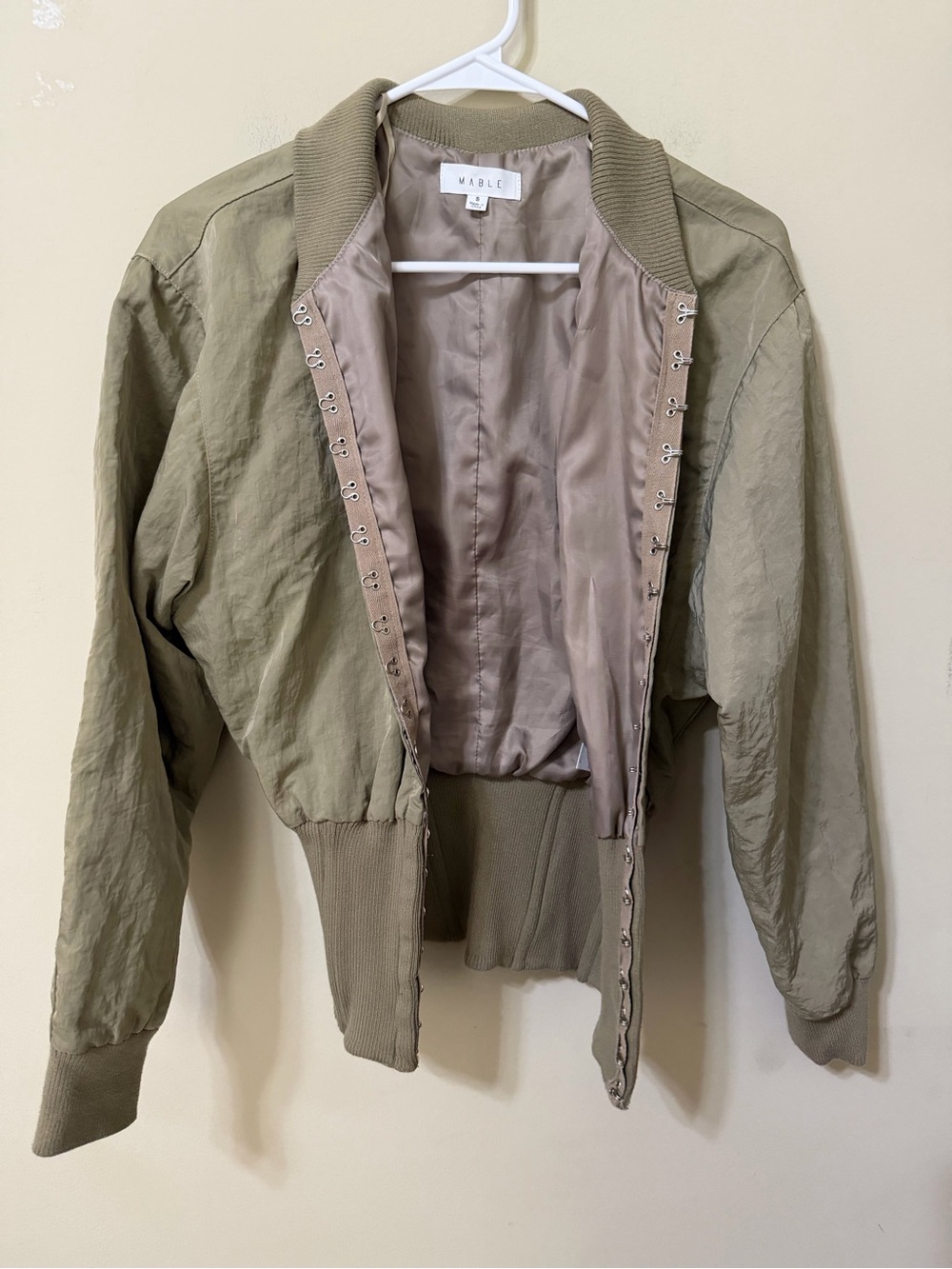 MABLE Olive Hook-and-Eye Bomber Jacket small chic sophistication euc fall ready